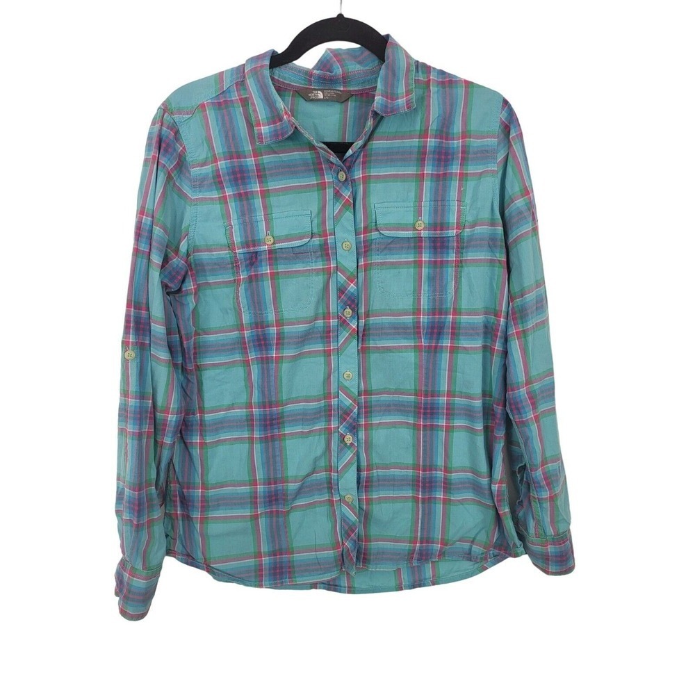 The North Face Plaid Button Front Shirt Large Womens Blue Pink Long Sleeve Roll
